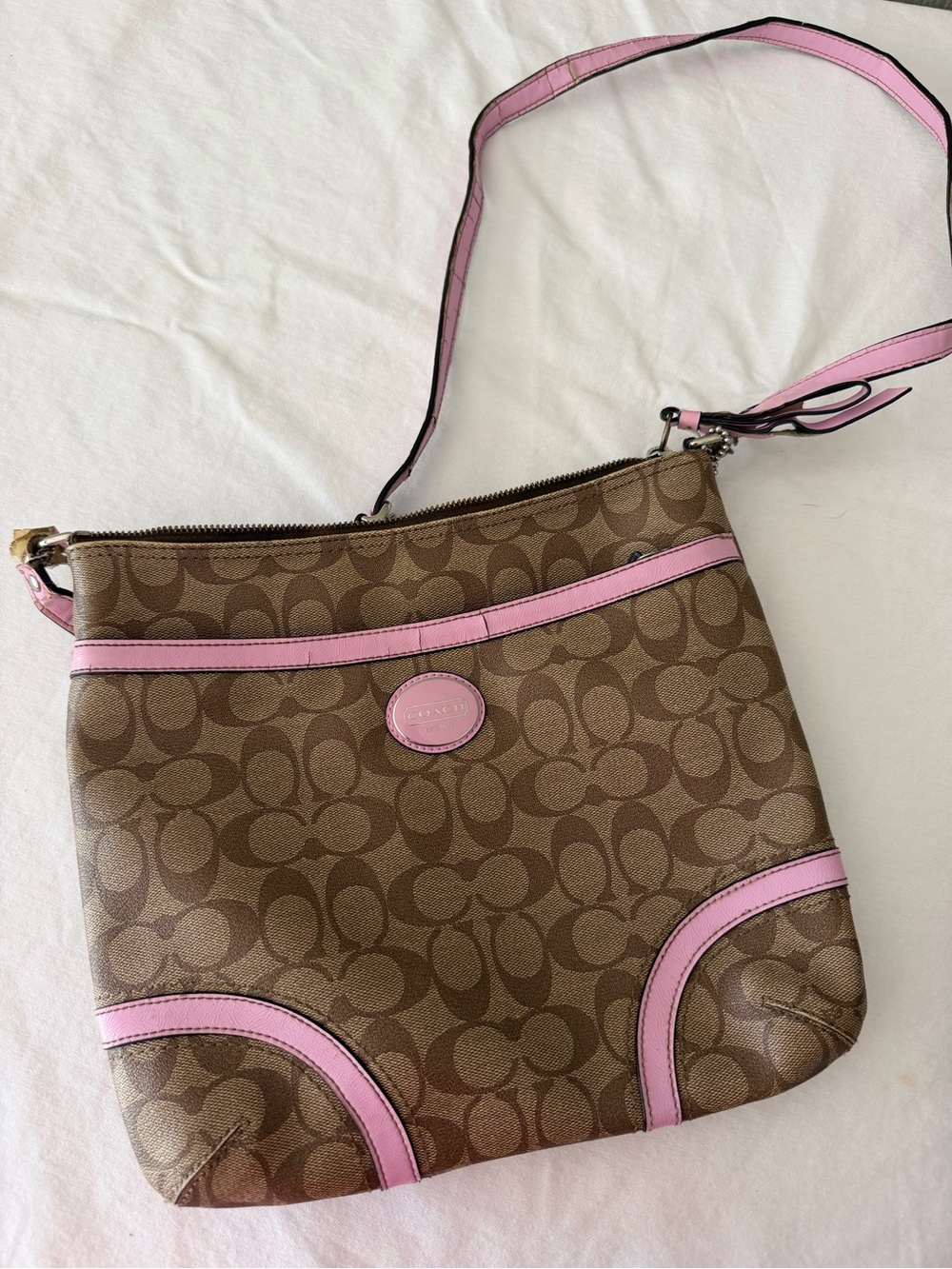 Vintage Coach Signature Brown and Pink Crossbody Bag